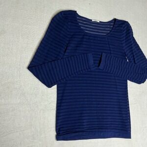 Wolford Navy Blue Sheer Stripe Long Sleeve Scoop Neck Top Size S